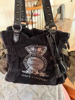 Juicy Couture Black Velour Tote with Tassel and Crest Embroidery